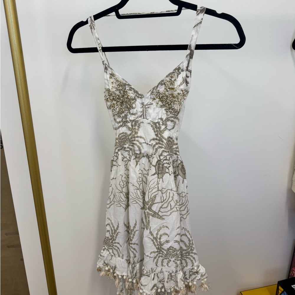 Authentic Italian Beaded Embroidered White & Gold Beach Coverup Dress
